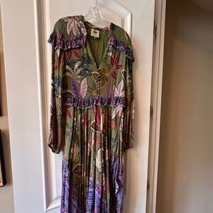 Farm Rio midi dress, size Large.  Green chiffon material, long sheer sleeves.